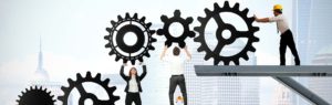 Teamwork of businesspeople Business central, CRM projekt